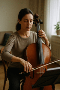 adulta-estudiando-violonchelo-en-casa